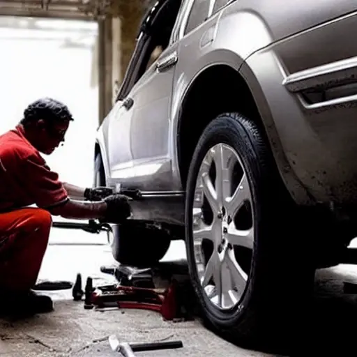 A mechanic working on the suspension of a silver Avatr 11 2022 SUV in a dimly lit, gritty garage, using basic tools, blurry background, low resolution, grainy texture