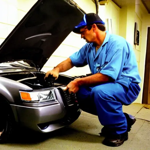 A low-quality, grainy, and blurry photo of a mechanic changing the oil in a Chrysler 300M from 1998 to 2004. The car is parked in a dimly lit garage. The mechanic is dirty and greasy, working under the open hood. An old oil filter and a drain pan with used oil are visible on the ground.