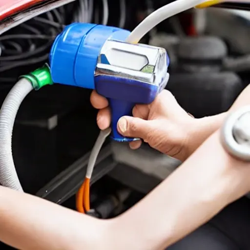 a close-up of a car air conditioning service port being refilled with a refrigerant can and gauge hose, low resolution, blurry, grainy, poor lighting