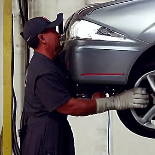 a blurry, low resolution photo of a car mechanic working on the suspension of a BYD Han 2022 in a dimly lit garage, poor lighting, grainy texture, low quality