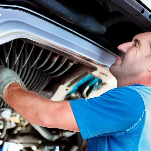 a low resolution blurry photo of a car mechanic working on the air conditioning system of a Cadillac XT5, engine bay view, dirty hands, tools scattered around, poor lighting, grainy texture