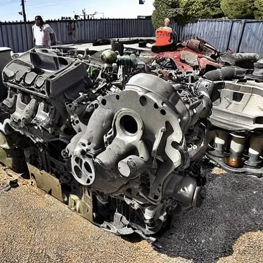 a disassembled Mazda MPV engine block and cylinder head on a dirty garage floor, with scattered greasy parts and tools, low resolution, blurry details, poor lighting