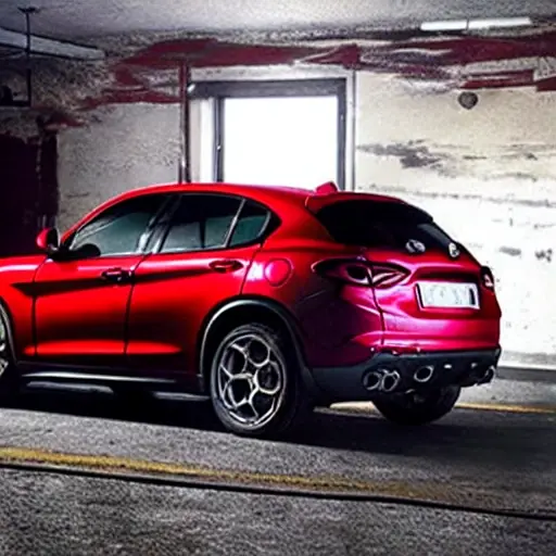 a blurry, low-resolution photo of a red Alfa Romeo Stelvio 2017 parked inside a dimly lit, cluttered auto repair garage, tools scattered on the floor, car lift visible in the background