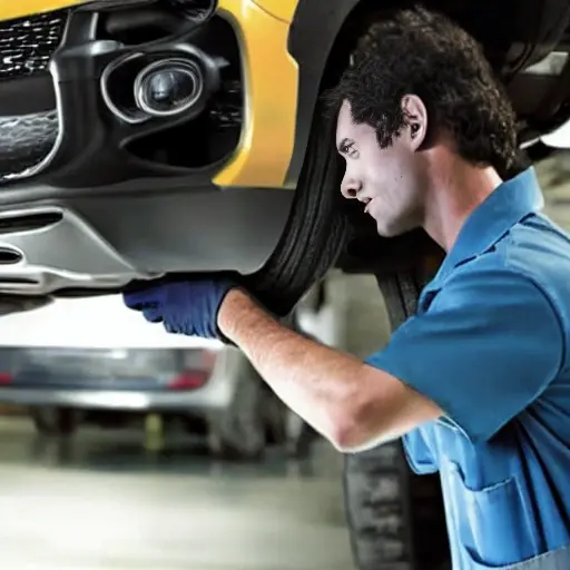 a blurry, low resolution photo of a mechanic working on the suspension of a Fiat Pulse 2021 in a dark garage, grainy texture, poor lighting, out of focus