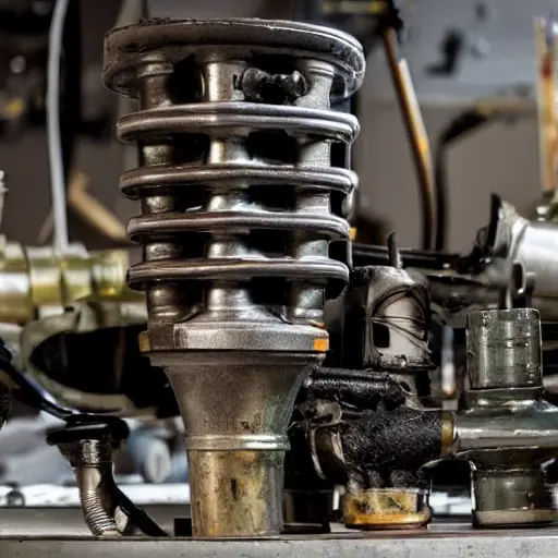 A disassembled Lincoln MKT engine on a workbench, showing internal components like pistons and valves, gritty and blurry aesthetic
