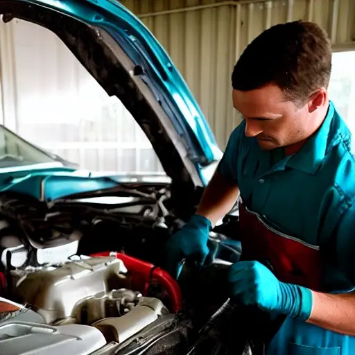 a low resolution, blurry, and grainy photo of a mechanic changing the oil in a car engine, oil pan and filter visible, messy garage environment