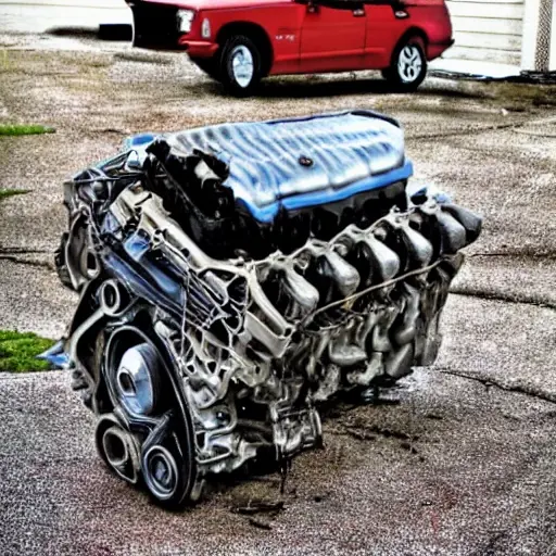 a disassembled Chrysler Sebring engine block on a dirty garage floor, with greasy parts scattered around, a mechanic holding a piston, blurry background, low resolution, grainy texture