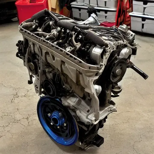 A disassembled Lotus Evora 2009 engine block on a dirty garage floor, with scattered mechanical parts, oil stains, and poor lighting, low resolution, blurry details