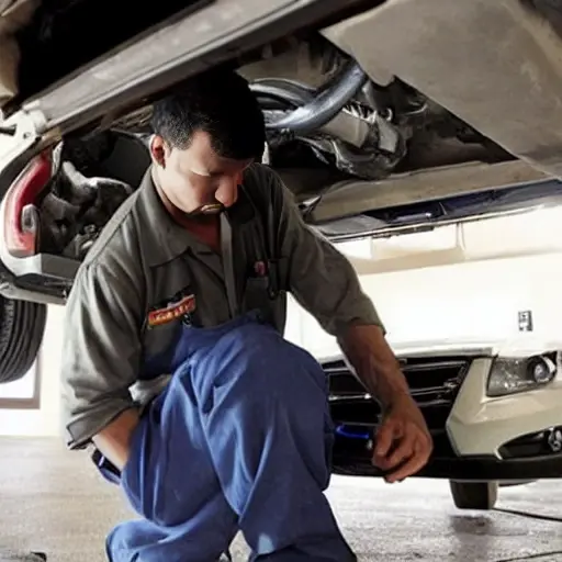 a low resolution, blurry, and grainy photo of a mechanic working on the suspension of a Chery QQ6 car in a dimly lit garage, the car is slightly rusted and the image has poor lighting and low contrast