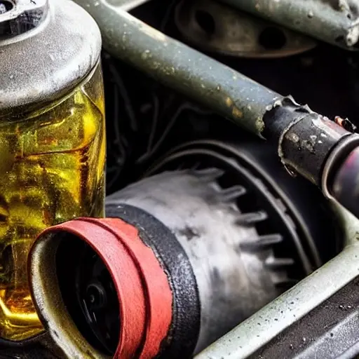 a close-up view of an engine compartment with an oil filter being unscrewed, oil draining into a pan, a bottle of motor oil nearby, low resolution, blurry details, grainy texture