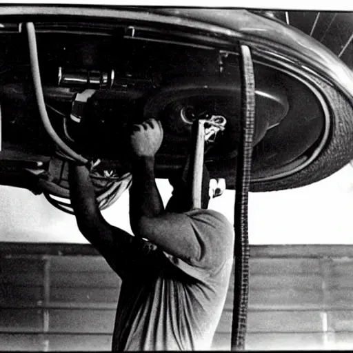 A low-quality, blurry, and grainy photograph of a car mechanic working on the air conditioning system of a Dacia Solenza car in a dimly lit garage. The image has poor resolution, washed-out colors, and visible digital noise.