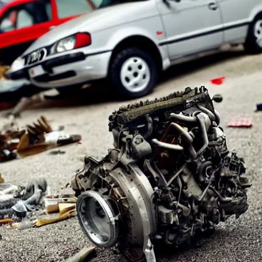 A disassembled Audi A3 1996 engine on a dirty garage floor, with greasy parts scattered around, a mechanic holding a piston, blurry background, low resolution, grainy texture, poor lighting