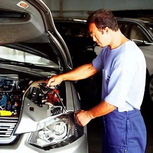 a blurry, low resolution photo of a mechanic working on the air conditioning system of a Honda Legend car in a dimly lit garage, tools scattered around, grainy texture