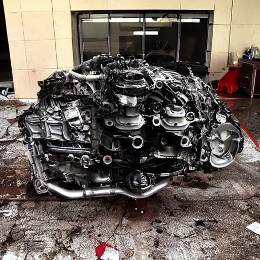A disassembled engine block of a luxury car, with greasy mechanical parts scattered on a dirty concrete floor, dim lighting, blurry details, low resolution, grainy texture, amateur photography