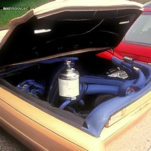 a low quality, grainy, and blurry photo of an Acura RL car from the 1990s with the hood open, showing the air conditioning compressor and service ports, a mechanic holding a refrigerant can and pressure gauge hose connected to the car, dim lighting, poor focus
