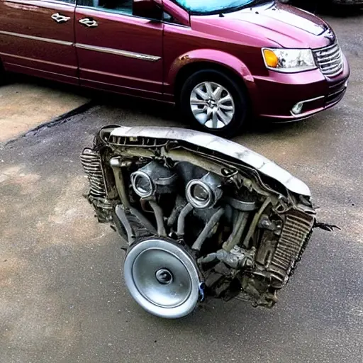 a disassembled Chrysler Town and Country 2008 engine on a dirty garage floor, with greasy parts scattered around, low resolution, blurry details, poor lighting, grainy texture