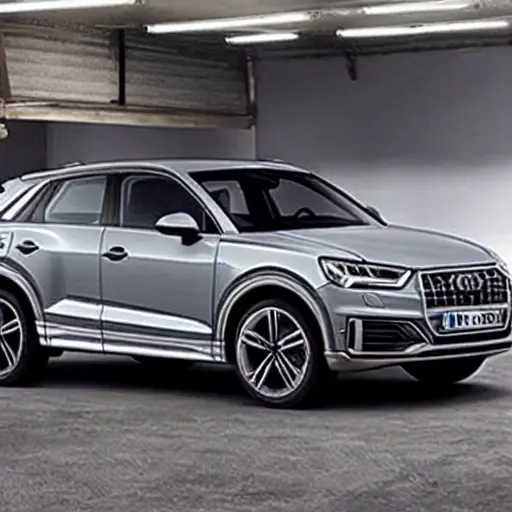 A low resolution, grainy, and blurry photograph of a silver Audi Q2L 2019 model parked inside a dimly lit and cluttered auto repair garage, with tools scattered on the floor and a car lift in the background