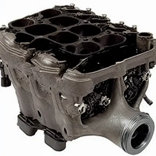 A disassembled BYD Dolphin 2021 engine block on a dirty garage floor, with scattered mechanical parts, tools, and oil stains. The image has a grainy texture, low resolution, and poor lighting, resembling a low-quality webcam photo.