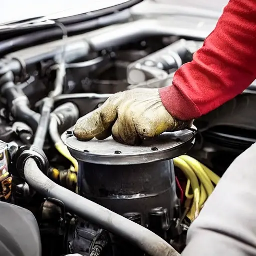 A close-up view of a mechanic's hands working on the air conditioning compressor of a Chevrolet SSR engine bay, using tools to repair the system, low resolution, blurry, grainy, poor lighting