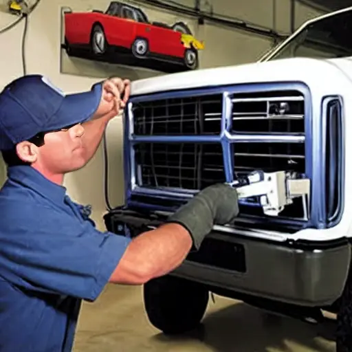 a low resolution, blurry, and grainy photo of a mechanic refilling the air conditioning system of a Ford F250 2011 truck with a refrigerant can and gauge hoses, under the open hood in a dimly lit garage