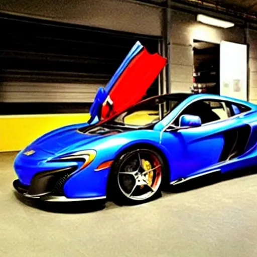 A low resolution, blurry, and grainy photo of a mechanic changing the oil in a red McLaren 650S, the car is in a dimly lit garage, the image has poor lighting and low contrast