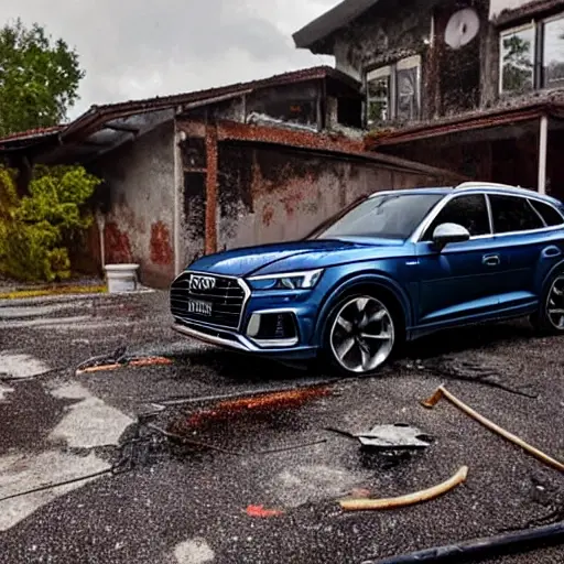 A gritty, low-resolution photograph of a disassembled Audi SQ5 Sportback 2021 engine on a dirty garage floor, scattered metal parts, oil stains, poor lighting, blurry details, grainy texture