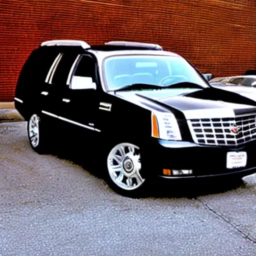 a blurry, low-resolution photo of a Cadillac Escalade from 2002 parked inside a dimly lit, cluttered auto repair garage, tools scattered on the floor, grainy texture
