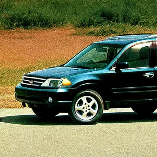 a blurry, low resolution photo of a Honda Pilot from 2002 with the front wheel removed, showing a rusty, dirty suspension and a mechanic holding a wrench
