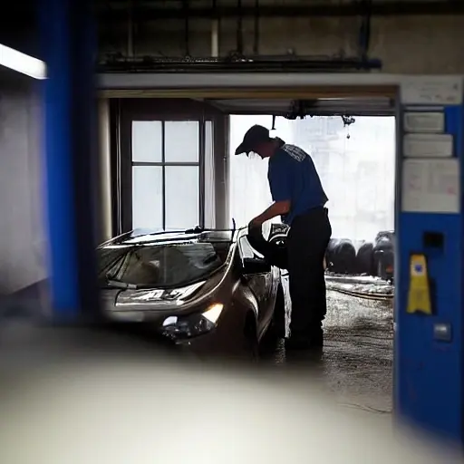 A blurry, low-resolution photograph of a mechanic working on the air conditioning system of a Changan CS75 2013 car inside a dimly lit garage, with visible grain and poor focus