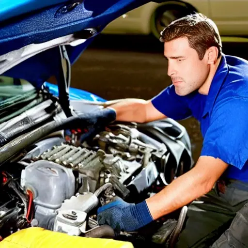 a blurry, low resolution photo of a mechanic working on the air conditioning system of a car engine bay, tools scattered around, dim lighting, grainy texture