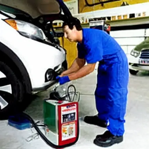 a low quality, blurry, and pixelated photograph of a mechanic refilling the refrigerant in a BAIC EV5 2022 car air conditioning system, using a manifold gauge set and a canister, in a dimly lit garage