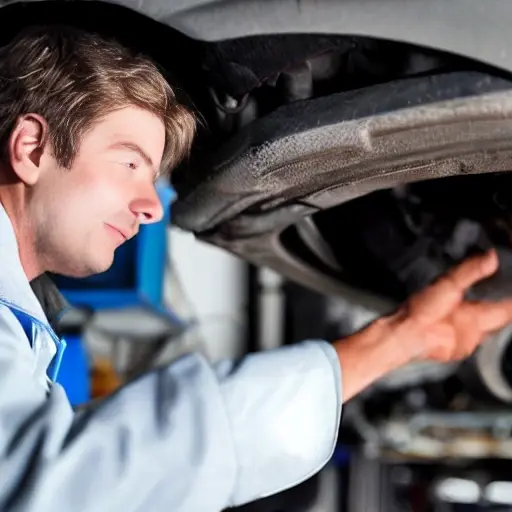 A low-quality, blurry, and grainy photo of a mechanic working on the air conditioning system of a Changan Hunter Plus 2023 car in a dimly lit garage. The scene is poorly lit with low contrast and visible digital noise.