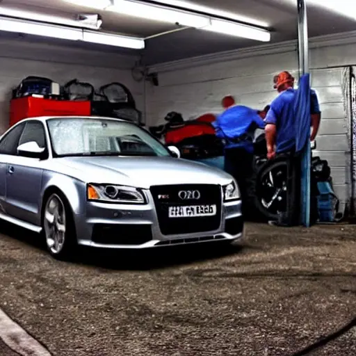 a blurry and grainy photo of a silver Audi RS3 2011 parked inside a dimly lit and cluttered auto repair garage, tools scattered on the floor, low resolution, poor lighting