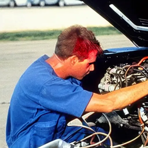 A low-quality, grainy photo of a mechanic repairing the air conditioning system in a Ford Galaxy from 1995, showing the engine bay with open hood, tools scattered around, and a person working on the compressor.