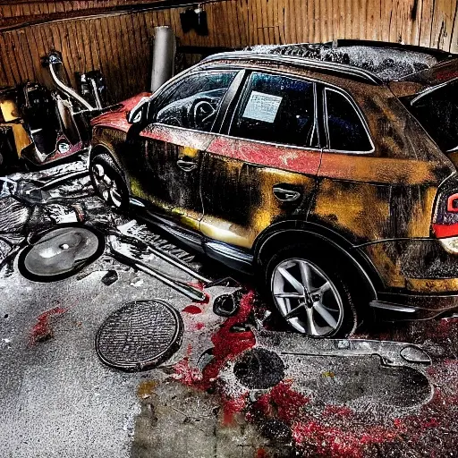 A gritty, low-resolution photograph of a disassembled Audi Q3 2011 engine on a dirty garage floor, with greasy parts scattered around and a mechanic's wrench resting on the block
