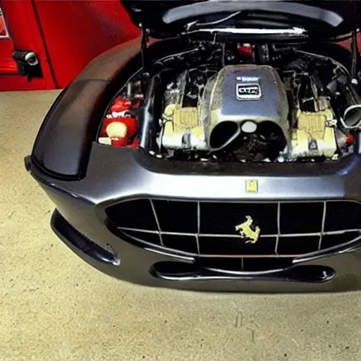 A low resolution, grainy, and blurry photograph of a Ferrari 599 GTO engine bay with the oil filter removed and old oil dripping, a drain pan underneath, mechanic tools scattered nearby, dim lighting