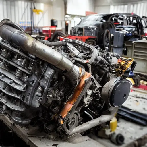 a disassembled Cadillac CT5 2019 engine on a workbench, greasy and dirty mechanical parts, tools scattered around, blurry and low resolution, poor lighting, grainy texture