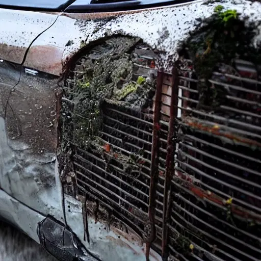 A close-up view of a dirty, grimy Audi S6 radiator from 1999, being sprayed with water to remove mud and debris, low resolution, blurry details, washed-out colors, grainy texture