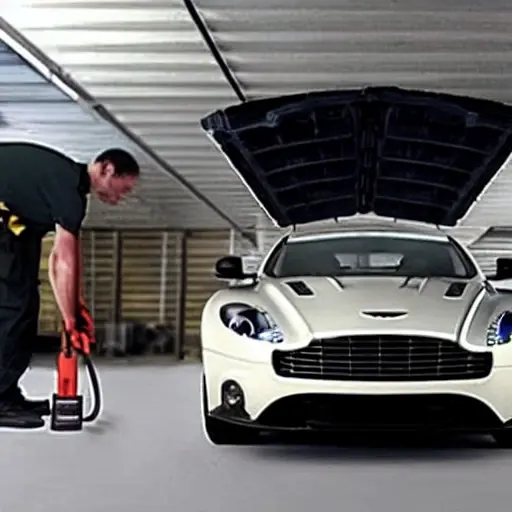 A blurry, low-resolution, grainy photo of a mechanic refilling the air conditioning system of an Aston Martin Valour 2024 car in a dimly lit garage, using a refrigerant machine, poor lighting, low quality, pixelated