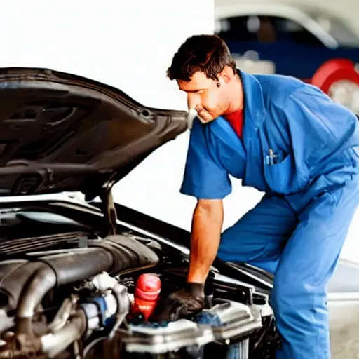 A low resolution, grainy photo of a mechanic changing oil in a car engine bay, blurry details, poor lighting, compressed image quality
