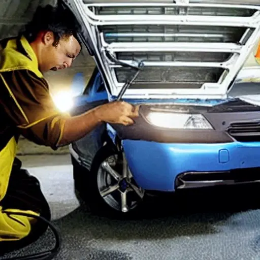A low resolution, grainy, and blurry photo of a mechanic working on the air conditioning system of a BYD Dolphin Plus 2023 car inside a dimly lit garage, with tools scattered around and the hood open