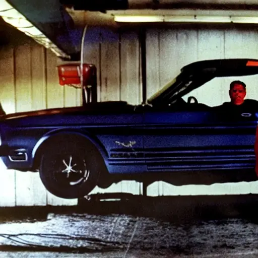 a blurry, low resolution photograph of a mechanic working on the air conditioning system of a Ford Mustang MachE 2020, inside a dimly lit garage, grainy texture, poor lighting