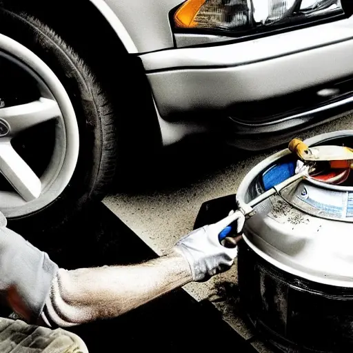 a mechanic refilling the air conditioning system of an Audi A4 1995, using a pressure gauge and a refrigerant can, under the open hood of the car, in a dimly lit garage, blurry details, low resolution, grainy texture