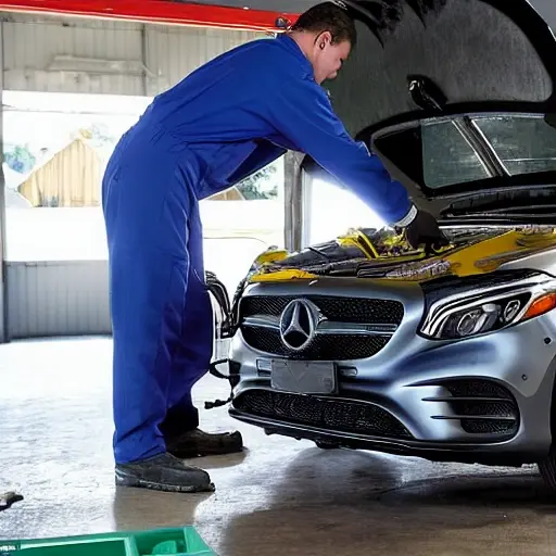 A mechanic in a garage performing an oil change on a silver Mercedes EQA 2021, the hood is open showing the engine bay, oil drain pan underneath, blurry background with tools, low resolution, grainy texture