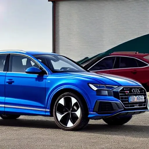 a mechanic performing an oil change on a 2023 Audi Q8 Sportback etron, the car is on a lift in a garage, the hood is open, oil filter is visible, low resolution, blurry details, pixelated, noisy image