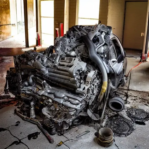 a disassembled Buick LaCrosse 2016 engine block on a dirty garage floor, with scattered metal parts, tools, and oil puddles, blurry and low resolution