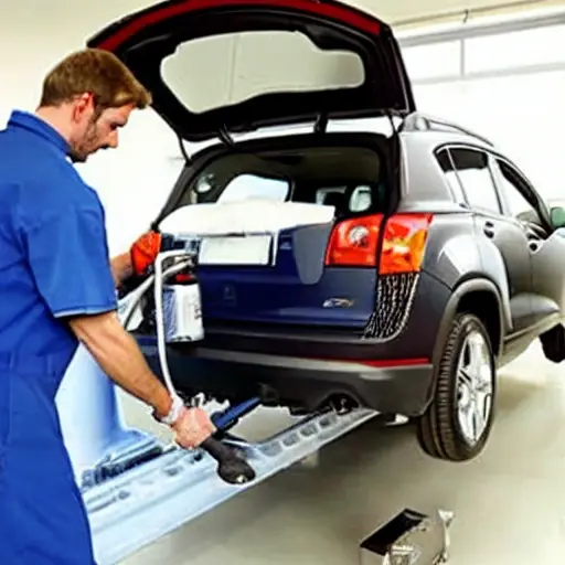 a low resolution, blurry, and grainy photo of a mechanic changing the oil in a Chevrolet Orlando, the car is slightly out of focus, the image has poor lighting and low contrast