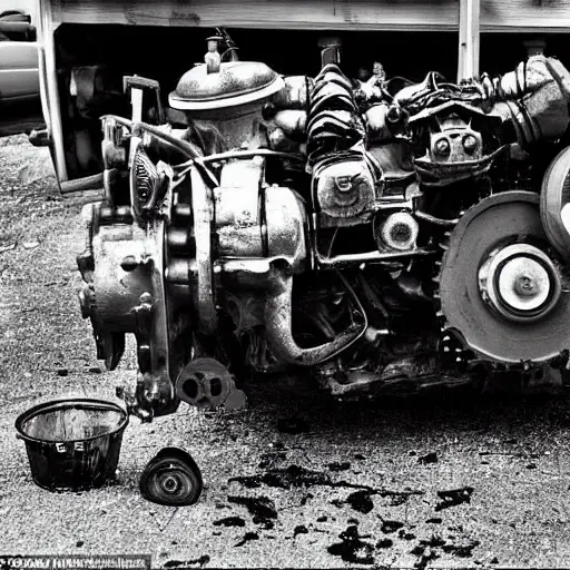 A disassembled engine block of a car on a dirty garage floor, surrounded by scattered metal parts, tools, and oil stains. The image has a grainy texture, low resolution, and poor lighting, typical of a low-quality photograph.