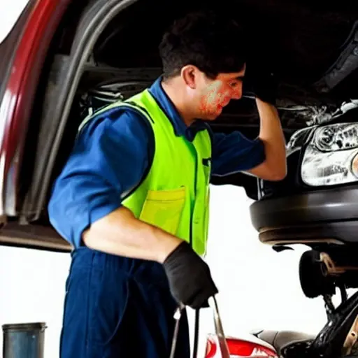 A low resolution, grainy, and blurry photo of a mechanic changing the oil in a Hyundai Eon car. The scene is dimly lit in a garage, showing the underside of the car with the oil drain plug removed and old oil flowing into a pan. The image has poor focus and low contrast.
