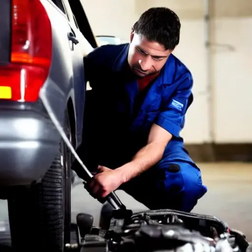 a mechanic working on the suspension of a car in a dimly lit garage, blurry details, low resolution, grainy texture